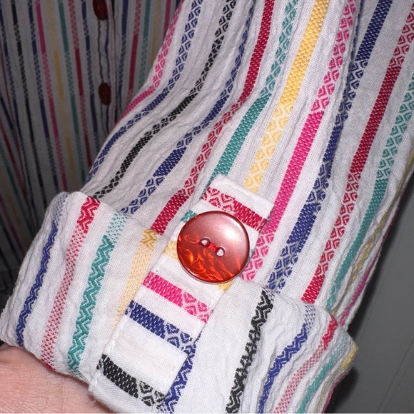 Ali Miles 1X Cotton Textured Rainbow Stripes Button Down Tunic Roll Tab Sleeve - Picture 6 of 15